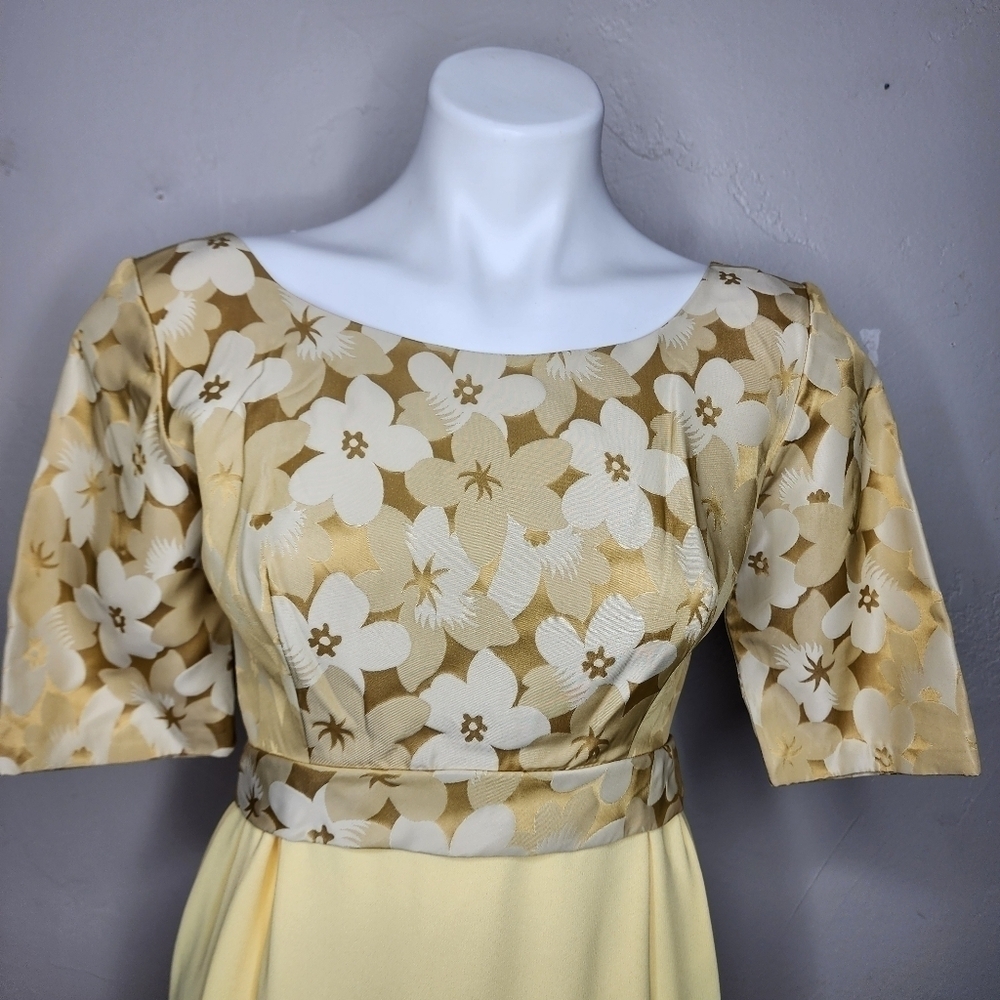 Stunning Vintage Yellow and Gold Brocade and Crepe Maxi Dress With Train - Picture 10 of 17
